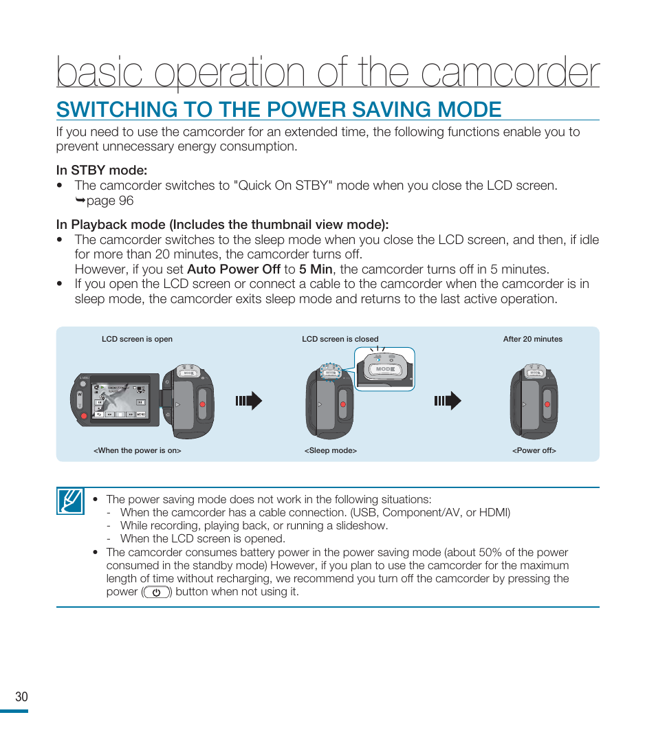 Switching to the power saving mode, Basic operation of the camcorder | Samsung HMX-M20BN-XAA User Manual | Page 34 / 147