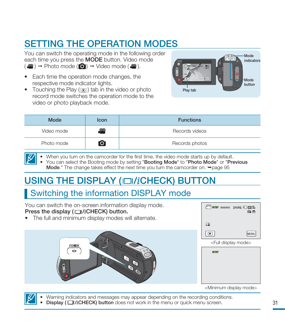 Setting the operation modes, Using the display button, Using the display ( / check) button | Switching the information display mode | Samsung HMX-M20BN-XAA User Manual | Page 35 / 147