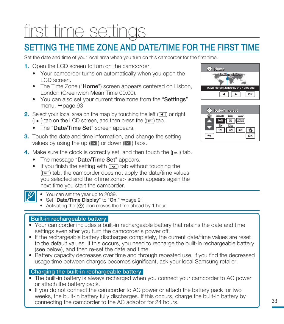 First time settings, FIrst time settings | Samsung HMX-M20BN-XAA User Manual | Page 37 / 147