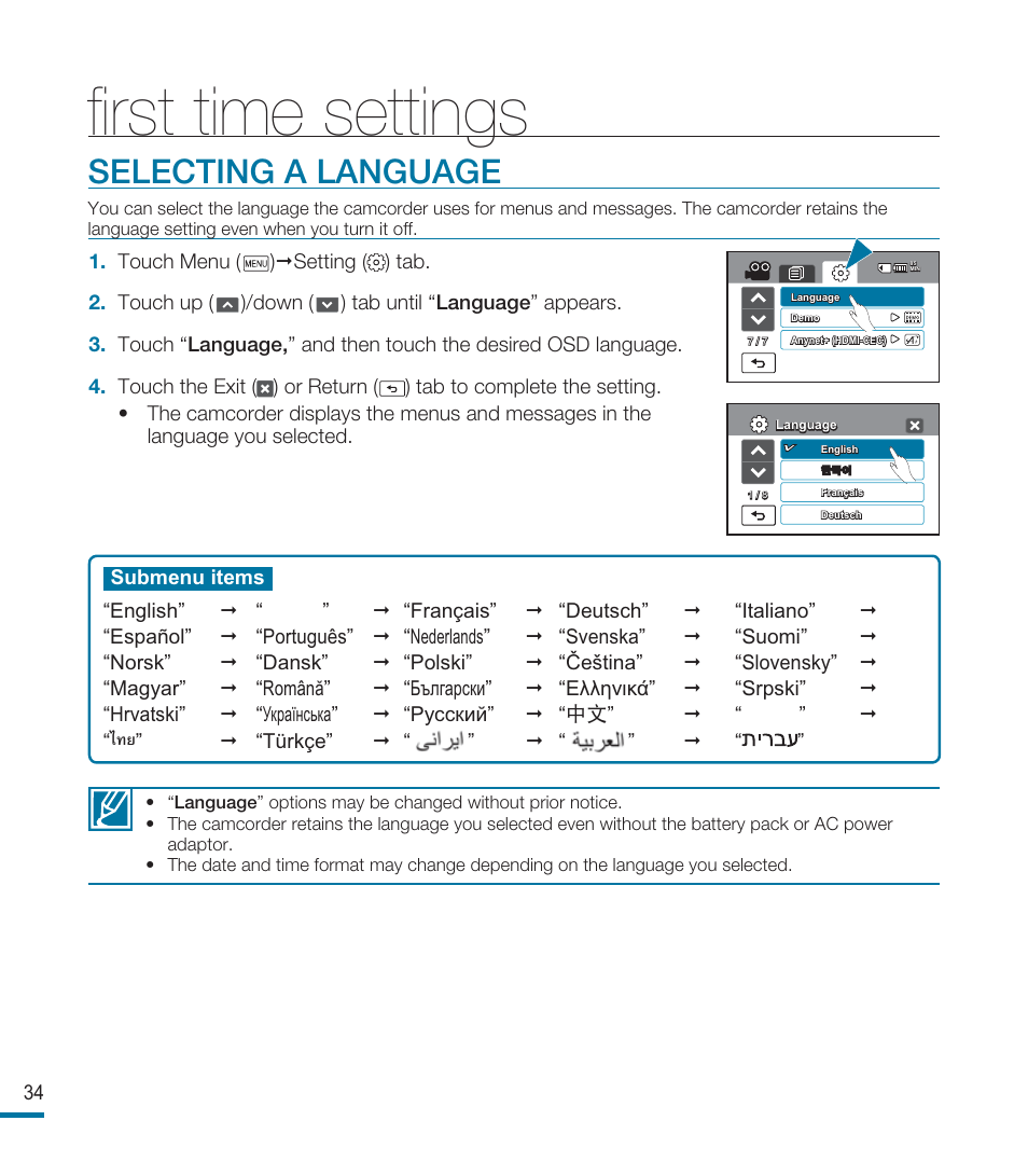 Selecting a language, FIrst time settings | Samsung HMX-M20BN-XAA User Manual | Page 38 / 147