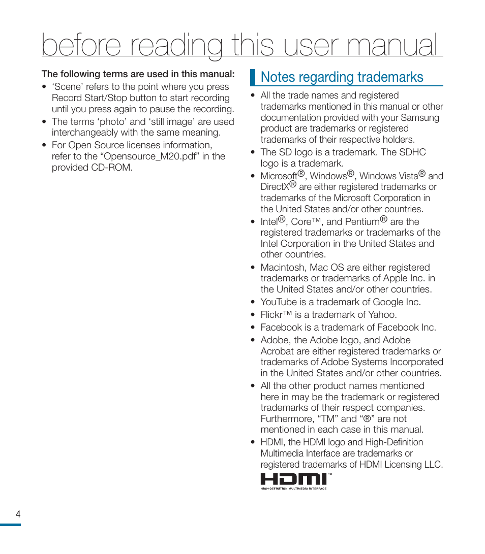 Before reading this user manual | Samsung HMX-M20BN-XAA User Manual | Page 4 / 147