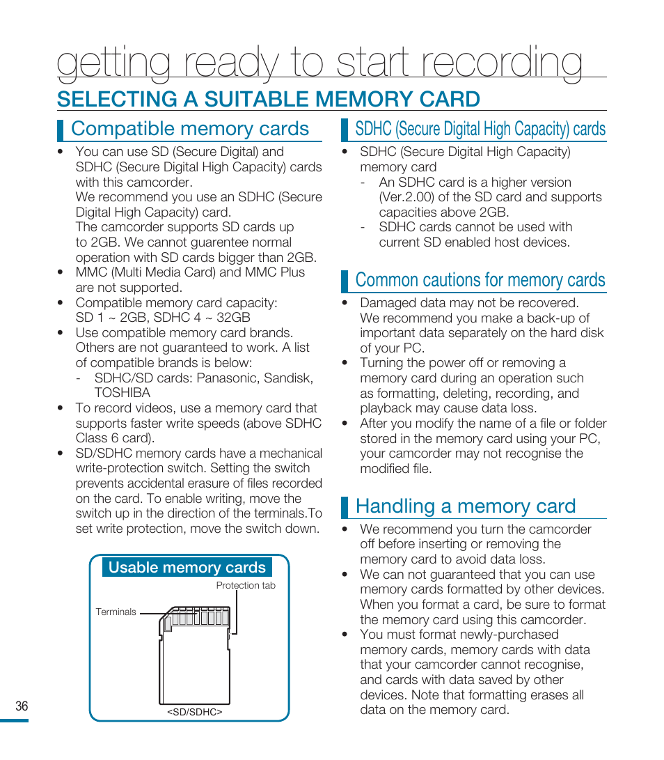 Selecting a suitable memory card, Getting ready to start recording, Sdhc (secure digital high capacity) cards | Samsung HMX-M20BN-XAA User Manual | Page 40 / 147