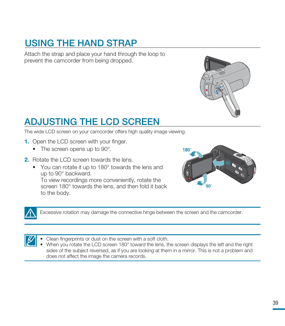 Using the hand strap, Adjusting the lcd screen | Samsung HMX-M20BN-XAA User Manual | Page 43 / 147