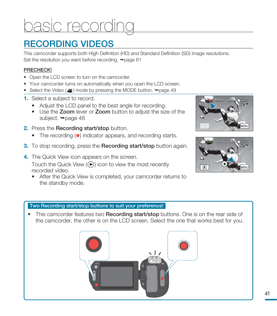 Basic recording, Recording videos | Samsung HMX-M20BN-XAA User Manual | Page 45 / 147