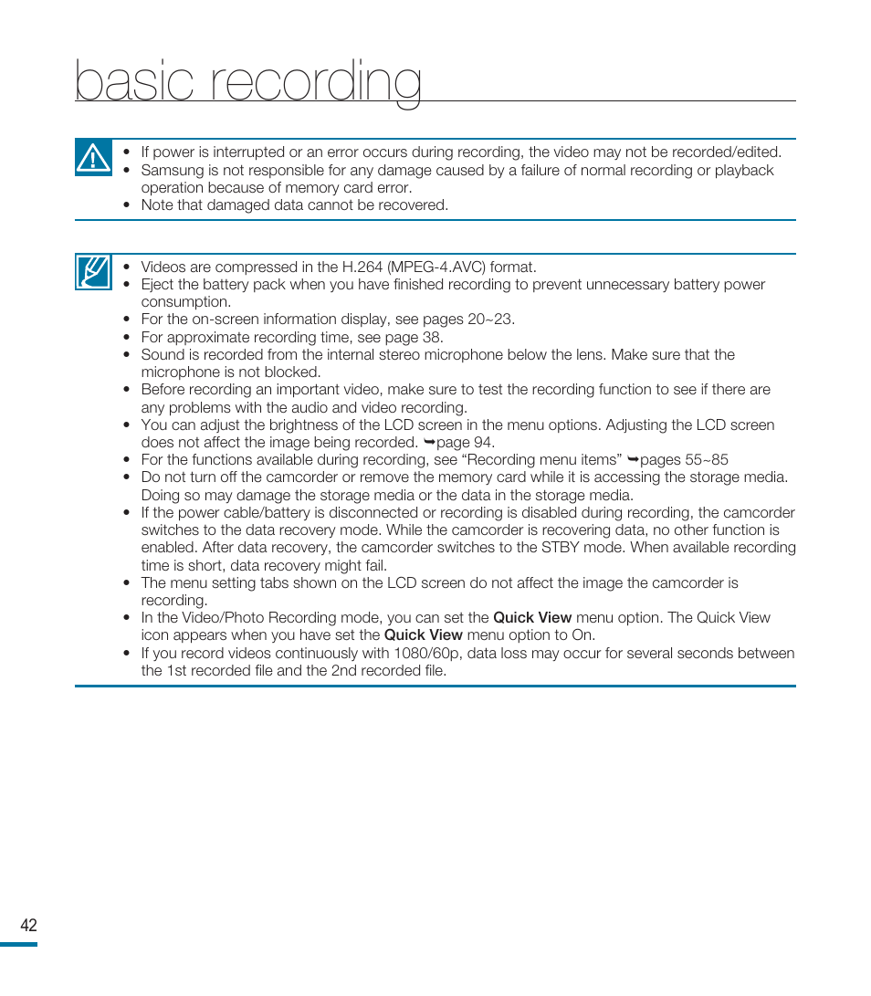 Basic recording | Samsung HMX-M20BN-XAA User Manual | Page 46 / 147