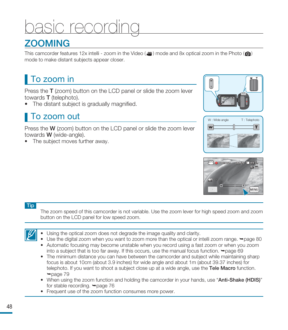 Zooming, Basic recording | Samsung HMX-M20BN-XAA User Manual | Page 52 / 147