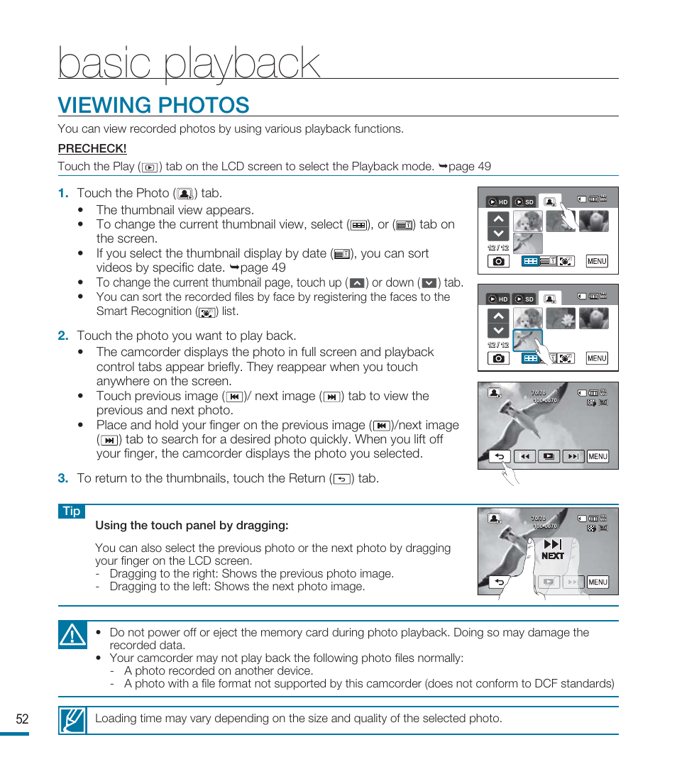 Viewing photos, Basic playback | Samsung HMX-M20BN-XAA User Manual | Page 56 / 147