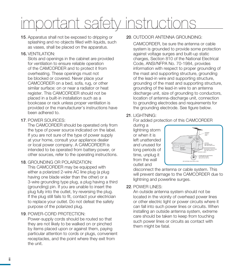 Important safety instructions | Samsung HMX-M20BN-XAA User Manual | Page 6 / 147