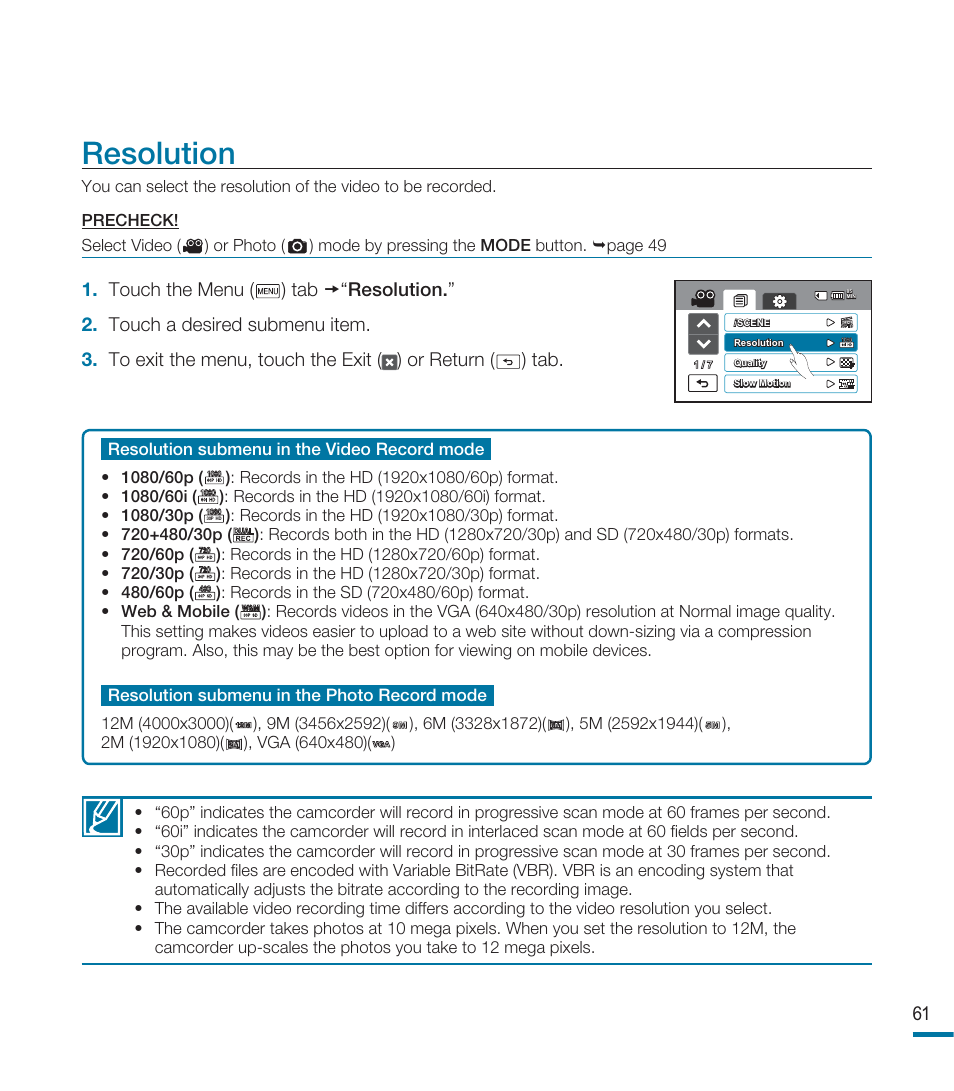 Resolution | Samsung HMX-M20BN-XAA User Manual | Page 65 / 147