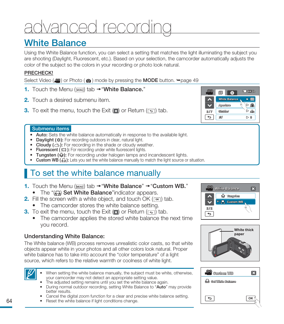 White balance, Advanced recording | Samsung HMX-M20BN-XAA User Manual | Page 68 / 147