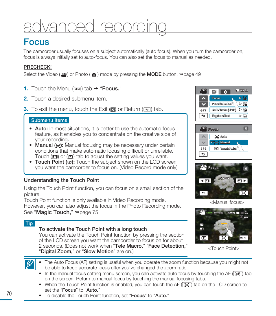 Focus, Advanced recording, Magic touch | Samsung HMX-M20BN-XAA User Manual | Page 74 / 147