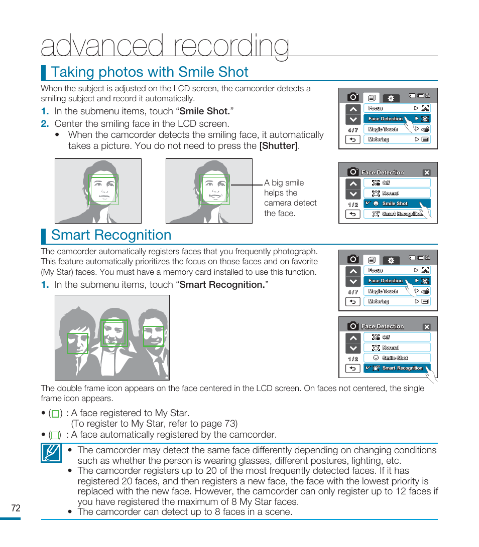 Advanced recording, Taking photos with smile shot, Smart recognition | Samsung HMX-M20BN-XAA User Manual | Page 76 / 147