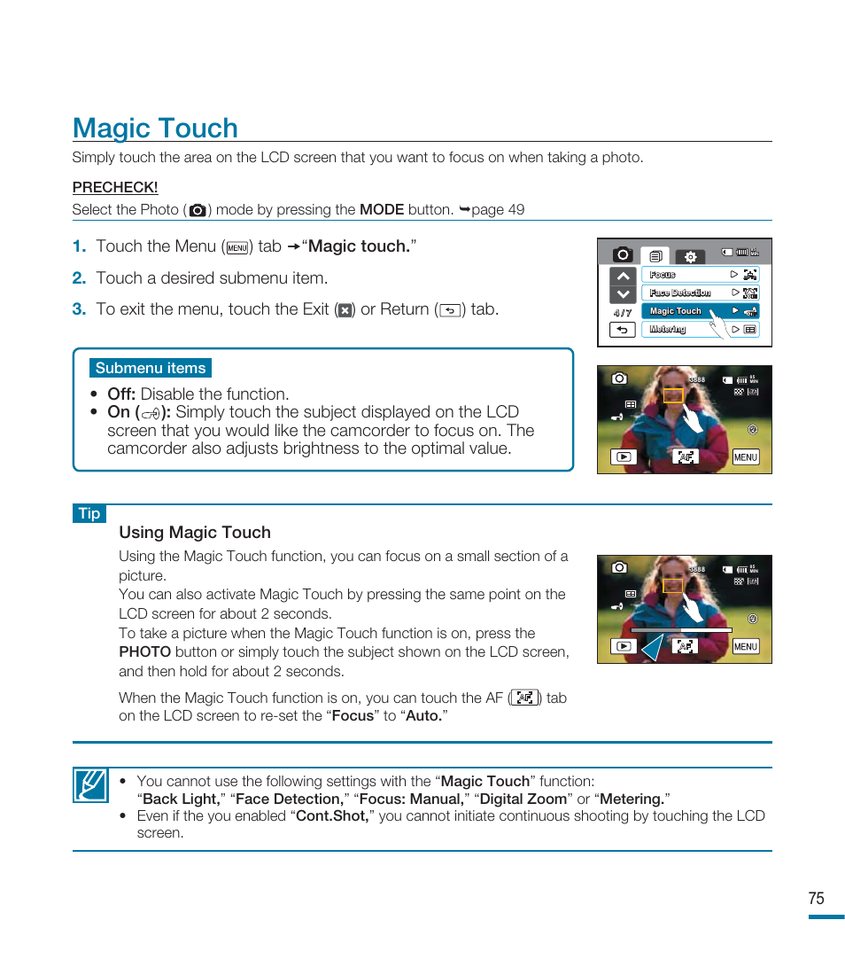 Magic touch, Using magic touch | Samsung HMX-M20BN-XAA User Manual | Page 79 / 147