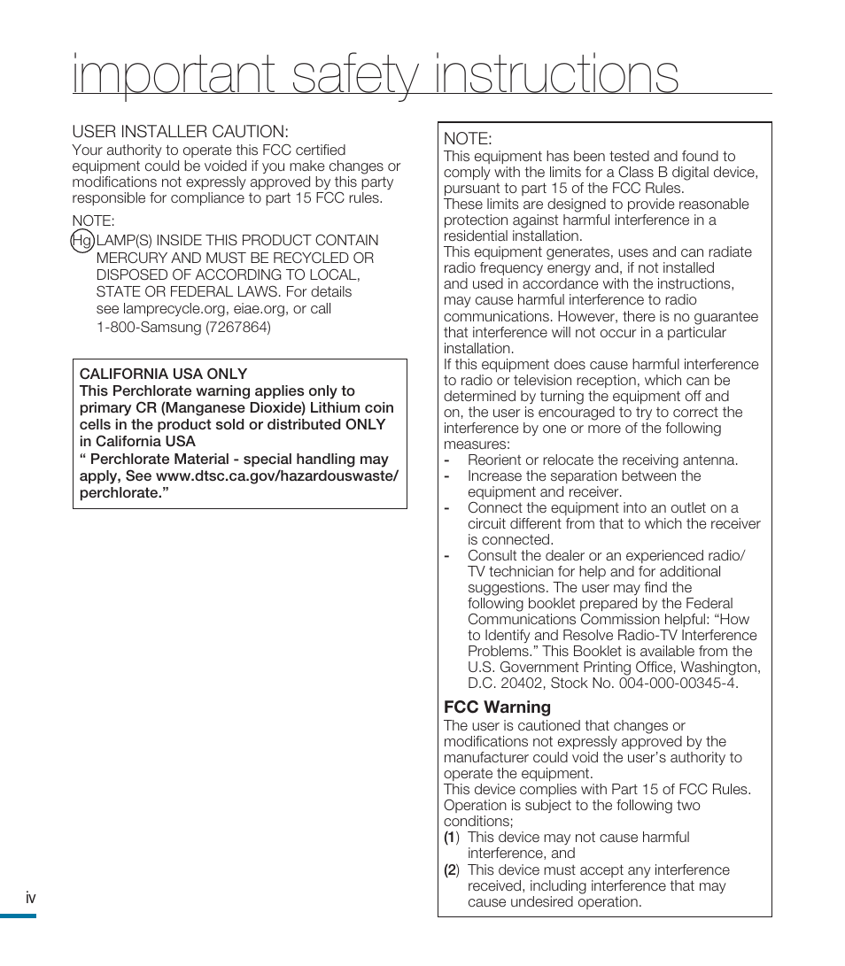 Important safety instructions | Samsung HMX-M20BN-XAA User Manual | Page 8 / 147