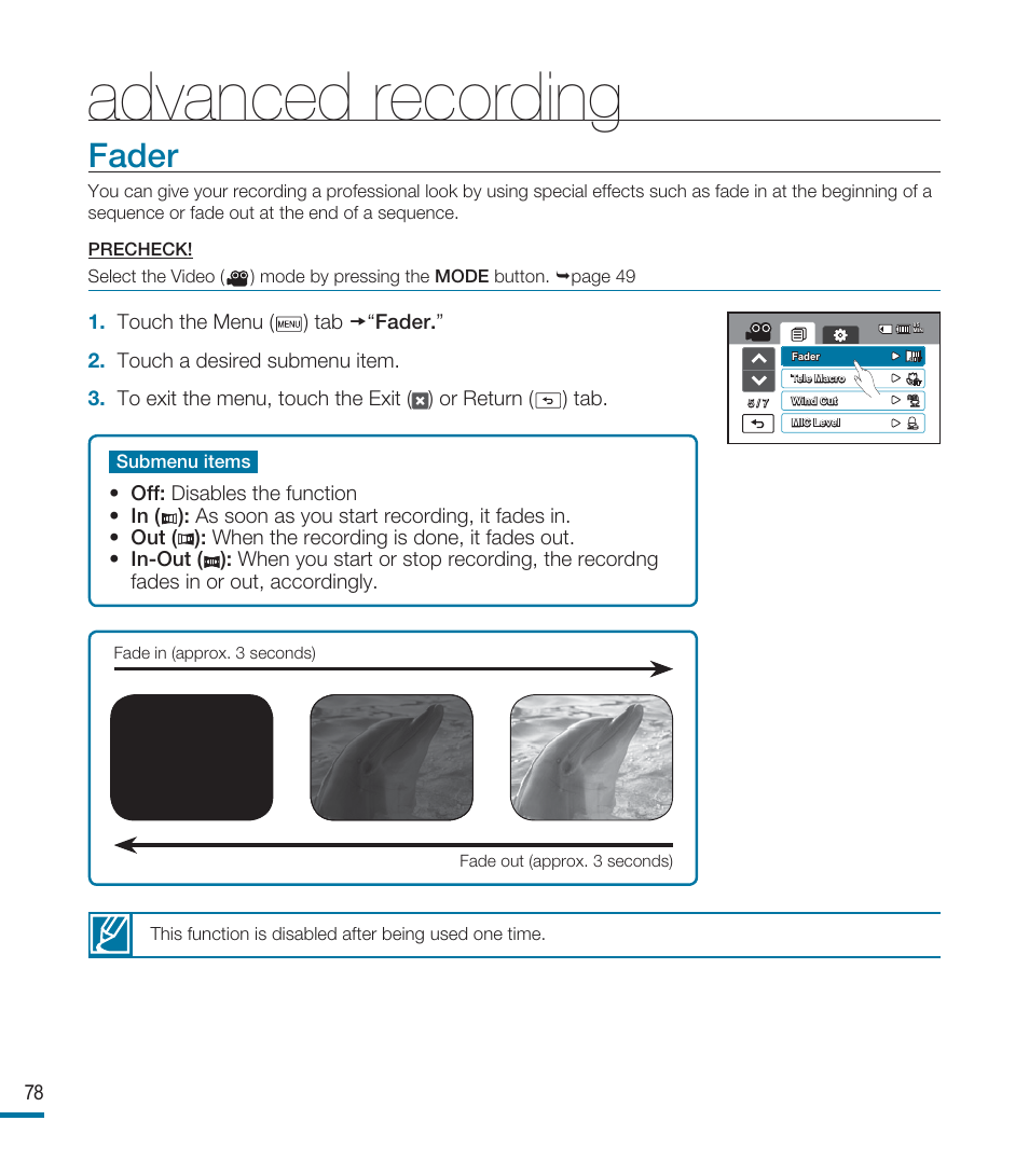 Fader, Advanced recording | Samsung HMX-M20BN-XAA User Manual | Page 82 / 147