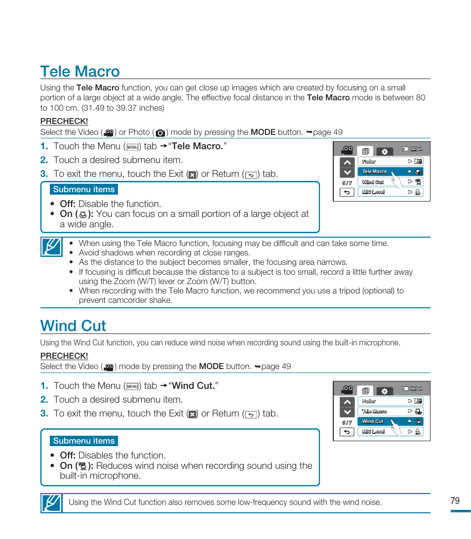 Tele macro, Wind cut | Samsung HMX-M20BN-XAA User Manual | Page 83 / 147