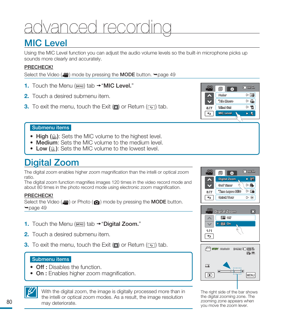 Mic level, Digital zoom, Advanced recording | Samsung HMX-M20BN-XAA User Manual | Page 84 / 147