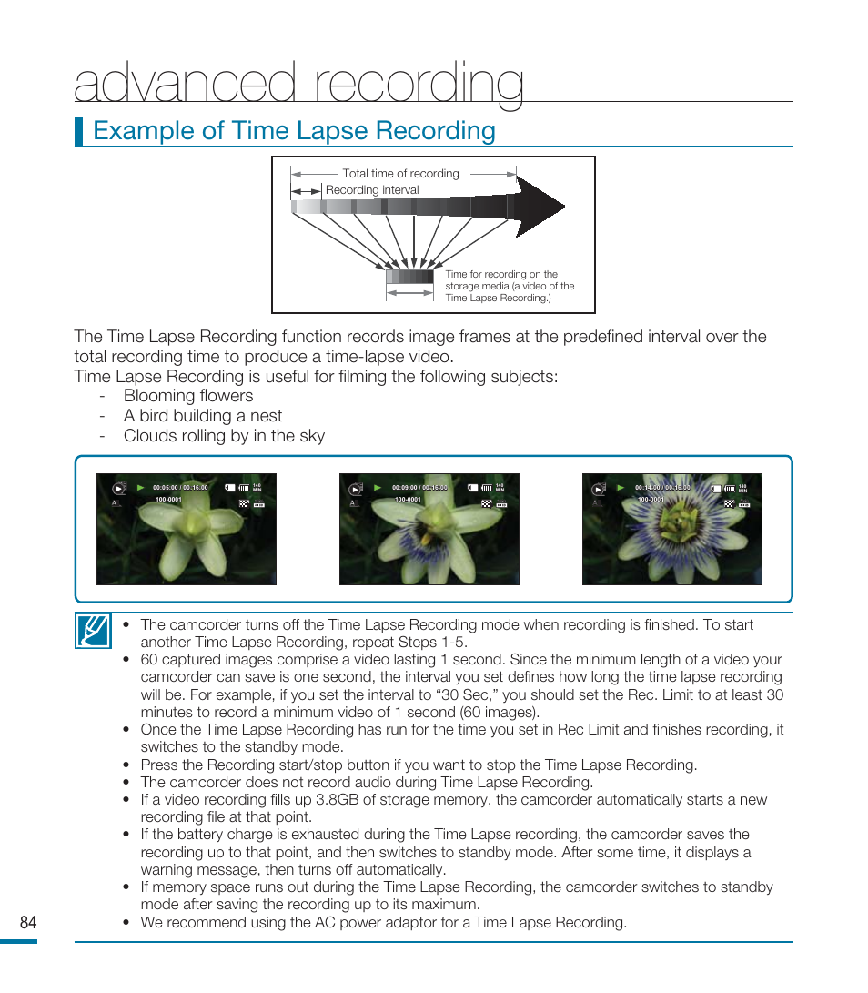 Advanced recording, Example of time lapse recording | Samsung HMX-M20BN-XAA User Manual | Page 88 / 147