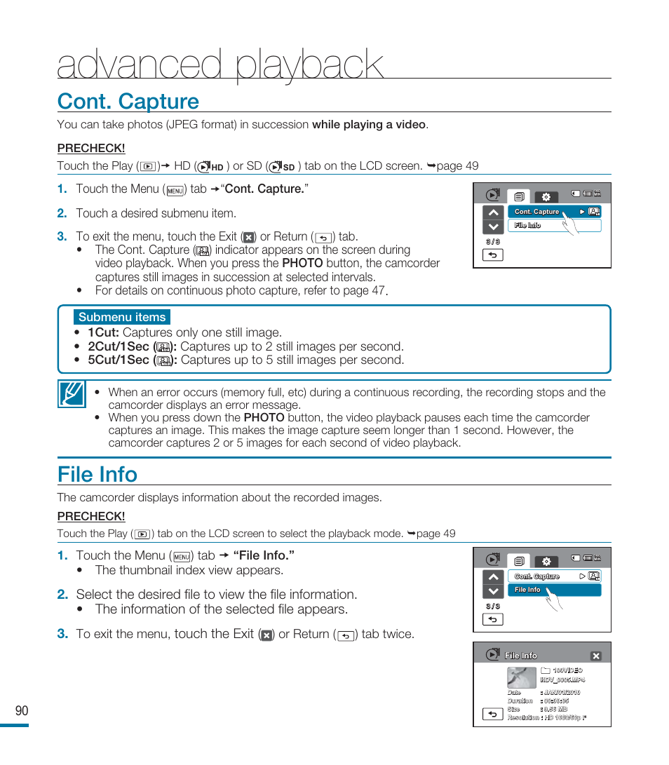 Cont. capture, File info, Advanced playback | Samsung HMX-M20BN-XAA User Manual | Page 94 / 147