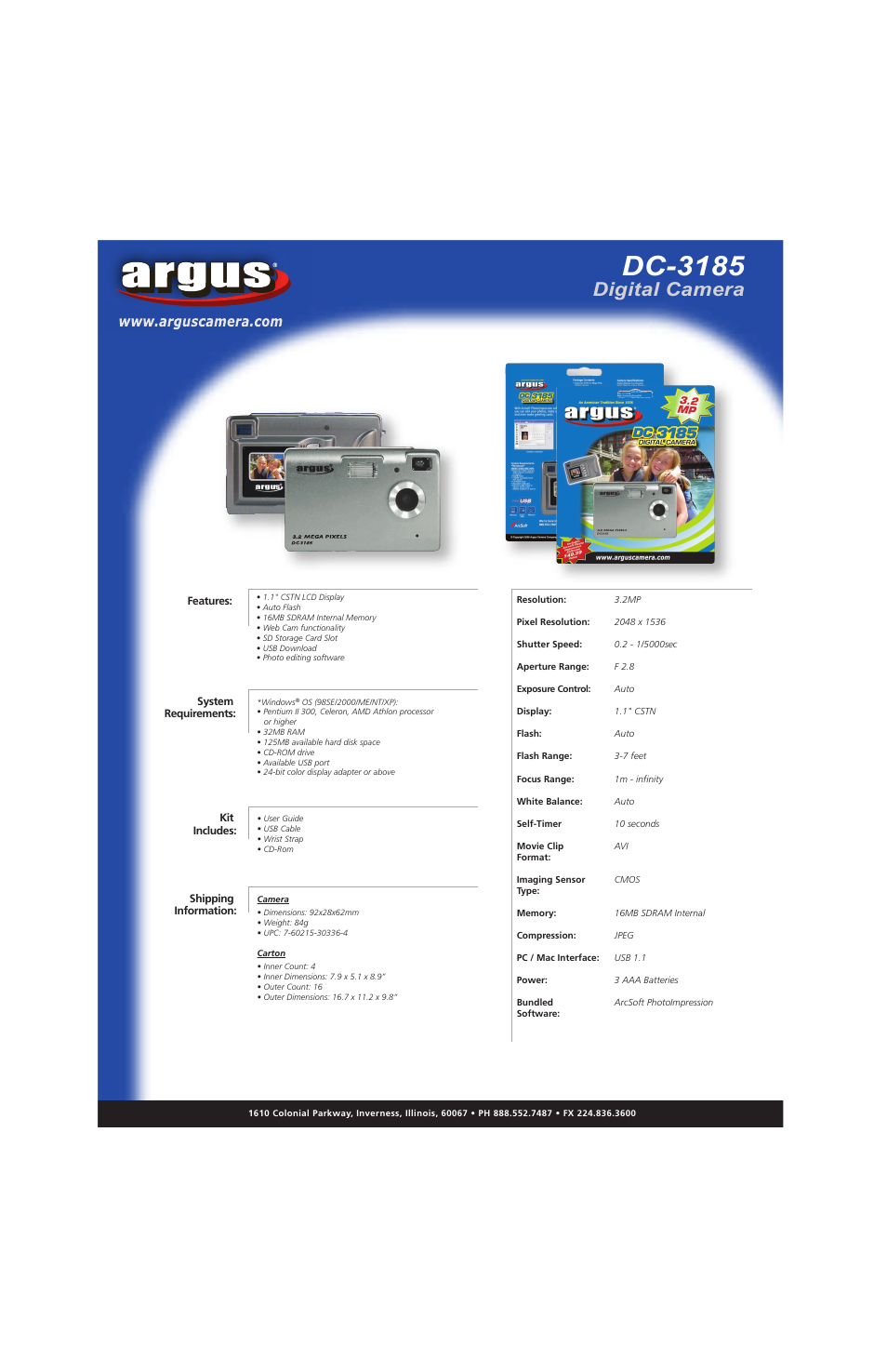 Argus Camera Argus DC-3185 User Manual | 1 page