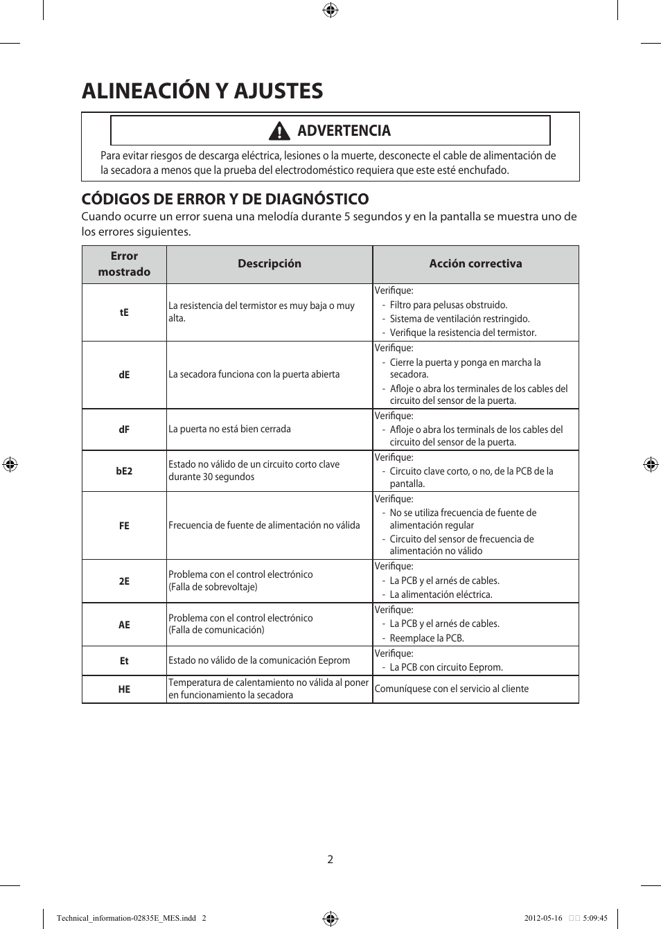 Alineación y ajustes, Códigos de error y de diagnóstico, Advertencia | Samsung DV435GTGJRA-A1 User Manual | Page 14 / 36
