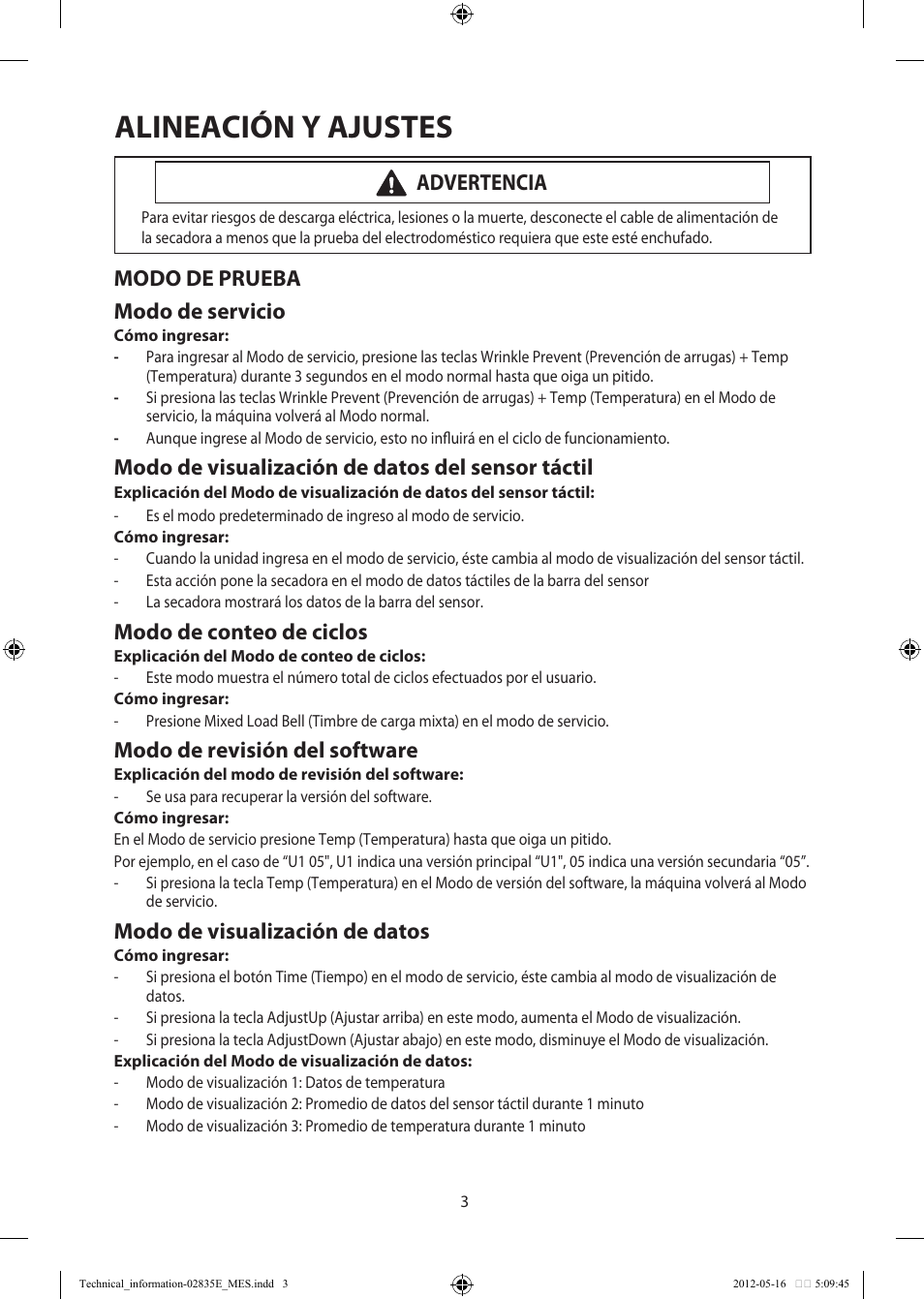 Alineación y ajustes, Modo de prueba modo de servicio, Modo de visualización de datos del sensor táctil | Modo de conteo de ciclos, Modo de revisión del software, Modo de visualización de datos, Advertencia | Samsung DV435GTGJRA-A1 User Manual | Page 15 / 36