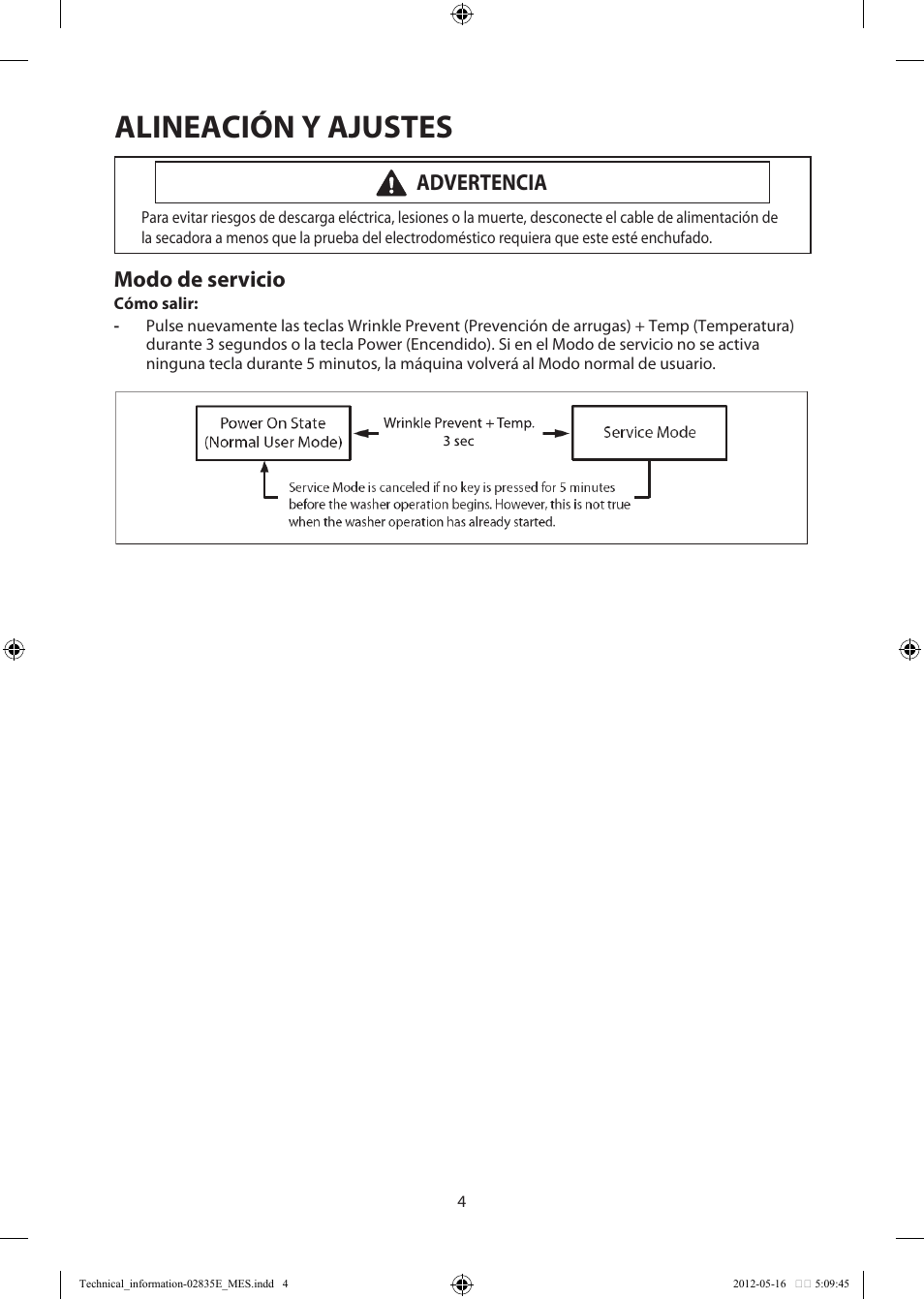 Alineación y ajustes, Modo de servicio, Advertencia | Samsung DV435GTGJRA-A1 User Manual | Page 16 / 36