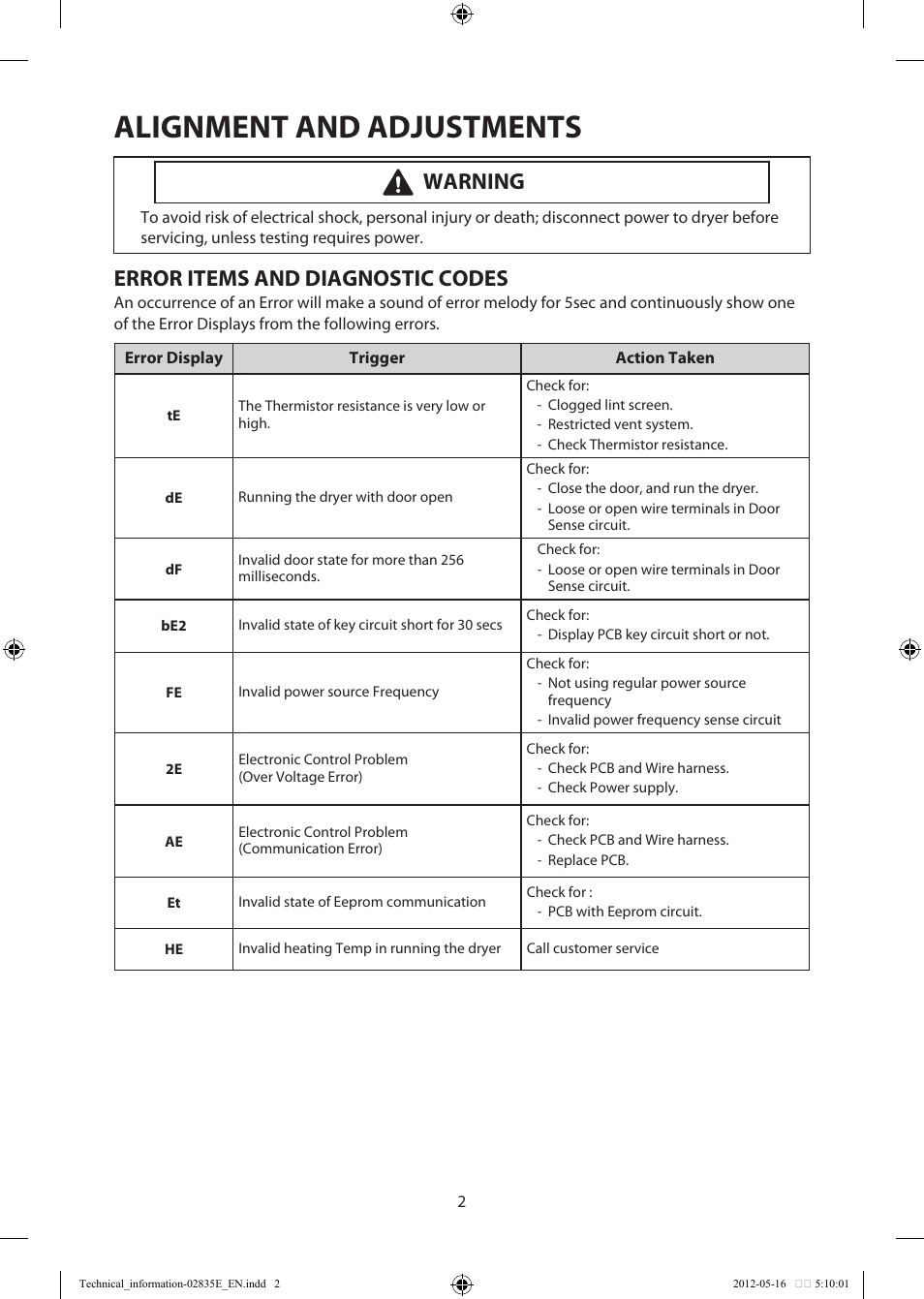 Alignment and adjustments, Error items and diagnostic codes, Warning | Samsung DV435GTGJRA-A1 User Manual | Page 2 / 36
