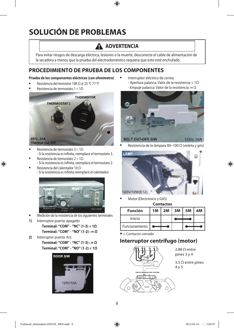 Solución de problemas, Procedimiento de prueba de los componentes, Interruptor centrífugo (motor) | Advertencia | Samsung DV435GTGJRA-A1 User Manual | Page 20 / 36