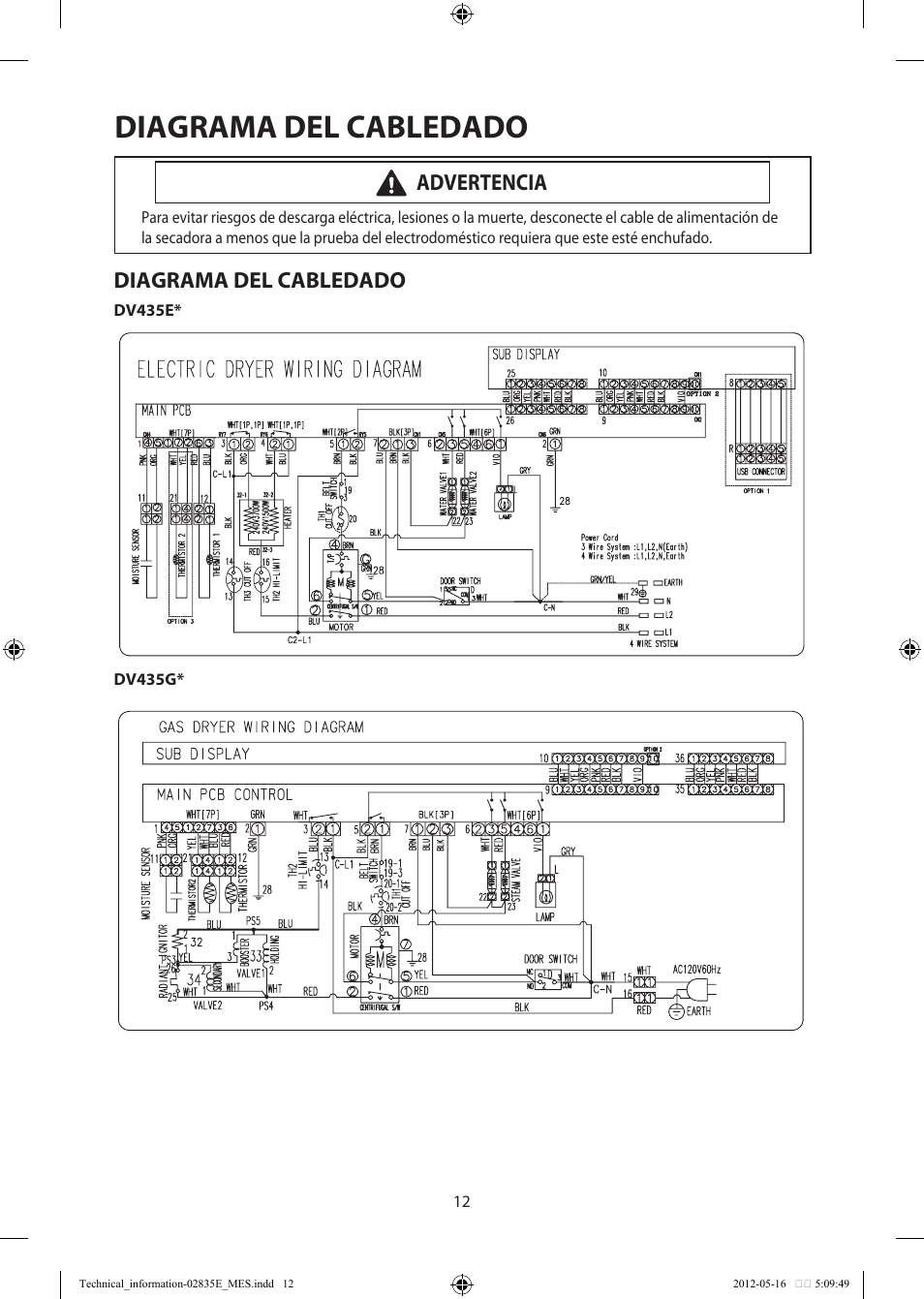 Diagrama del cabledado, Advertencia | Samsung DV435GTGJRA-A1 User Manual | Page 24 / 36