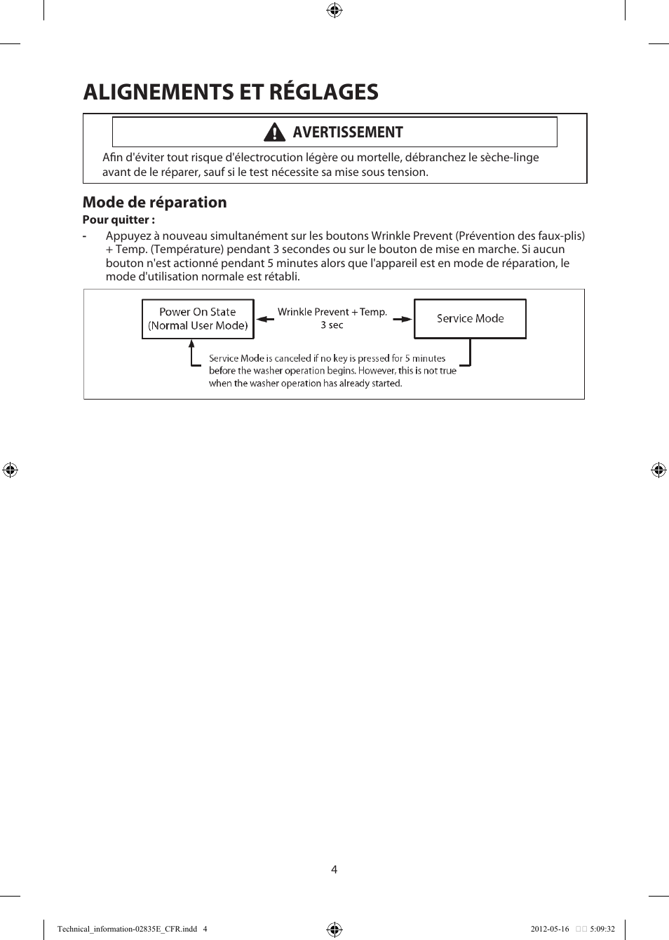 Alignements et réglages, Mode de réparation, Avertissement | Samsung DV435GTGJRA-A1 User Manual | Page 28 / 36