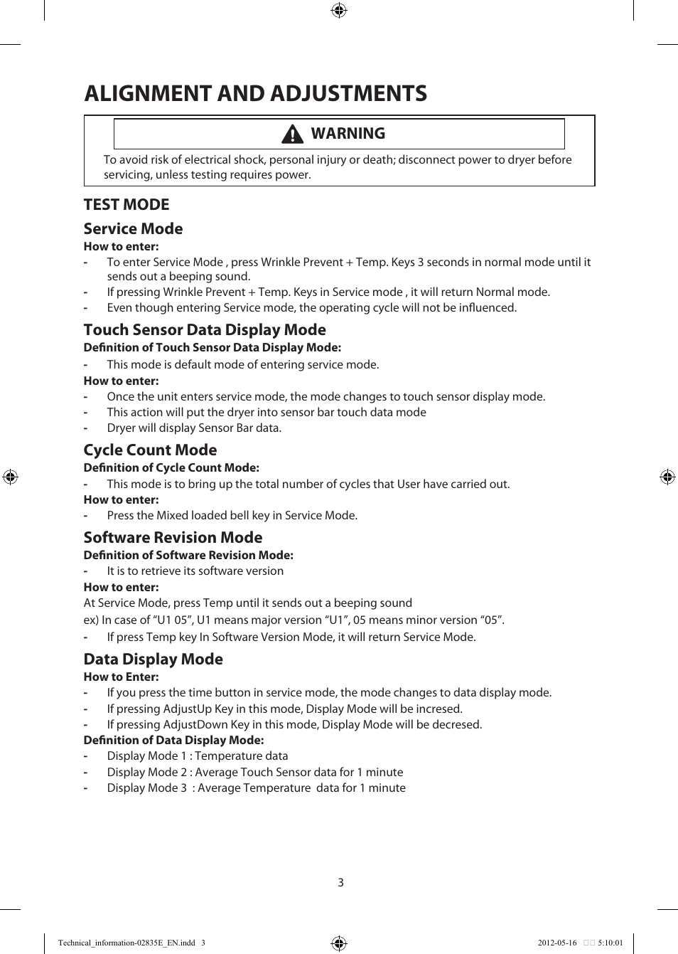 Alignment and adjustments, Test mode service mode, Touch sensor data display mode | Cycle count mode, Software revision mode, Data display mode, Warning | Samsung DV435GTGJRA-A1 User Manual | Page 3 / 36