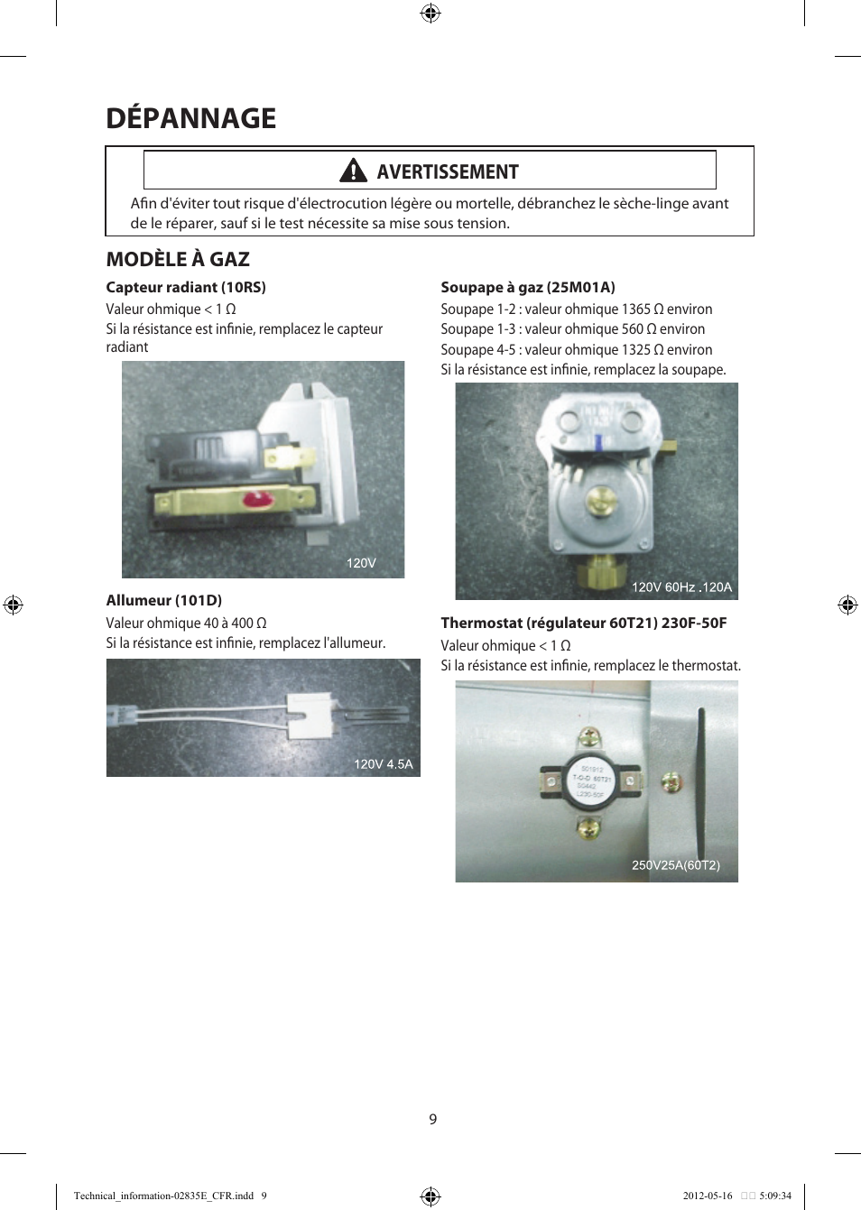 Dépannage, Modèle à gaz, Avertissement | Samsung DV435GTGJRA-A1 User Manual | Page 33 / 36