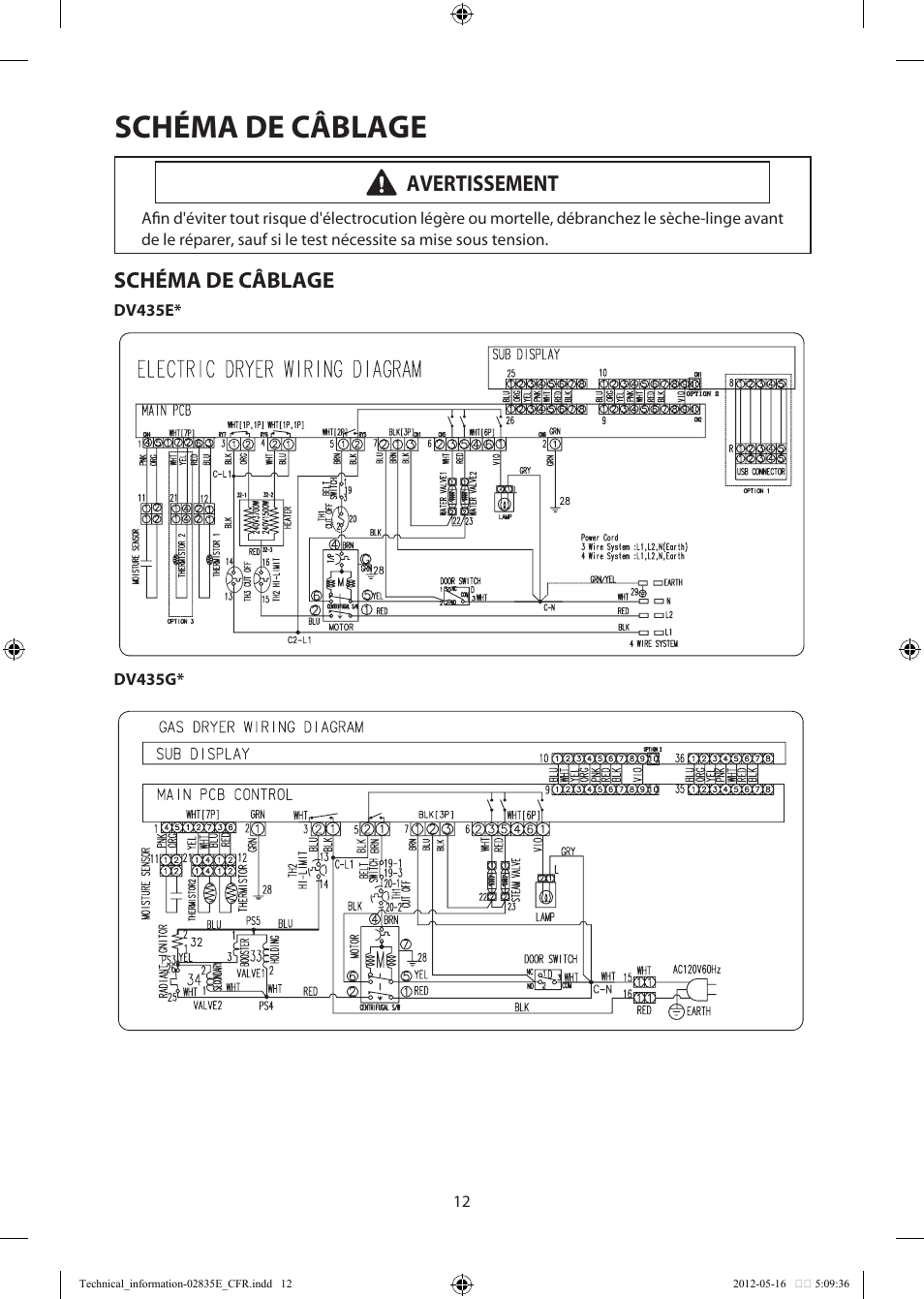 Schéma de câblage, Avertissement | Samsung DV435GTGJRA-A1 User Manual | Page 36 / 36