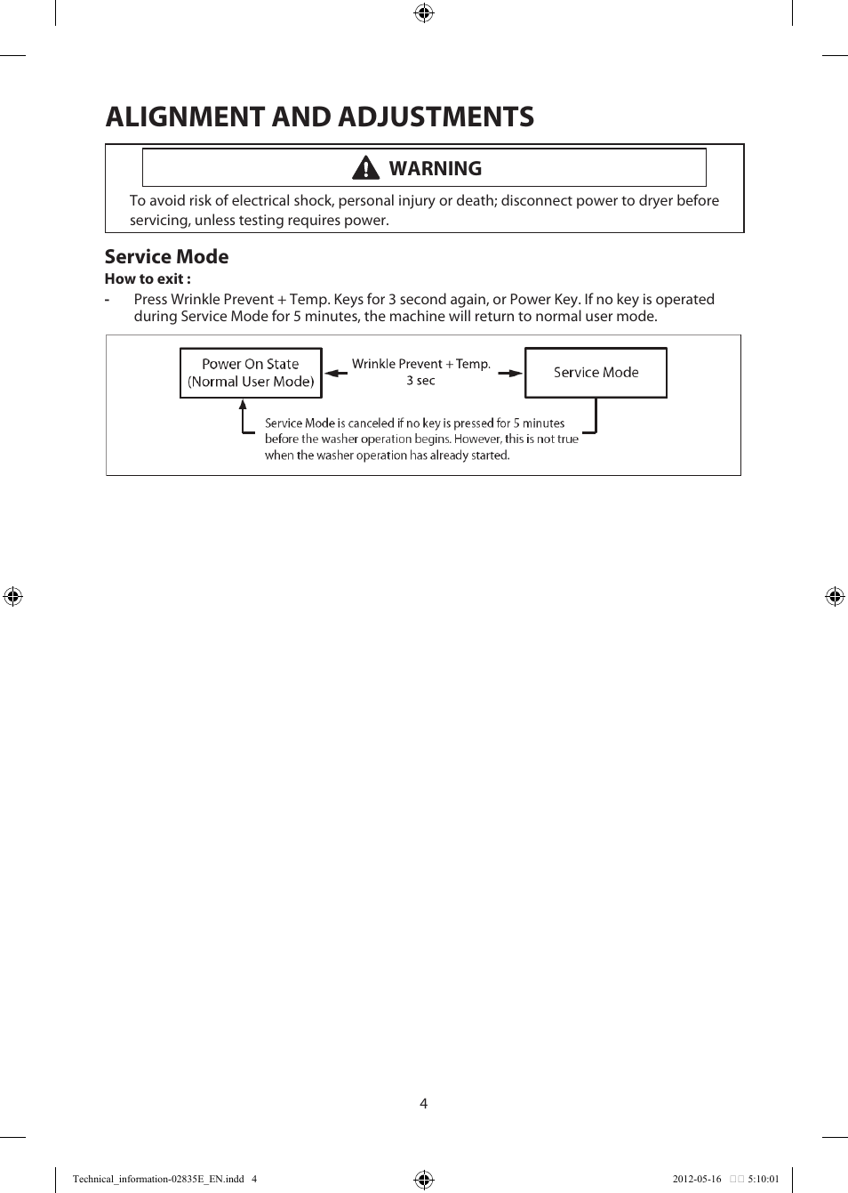 Alignment and adjustments, Warning, Service mode | Samsung DV435GTGJRA-A1 User Manual | Page 4 / 36