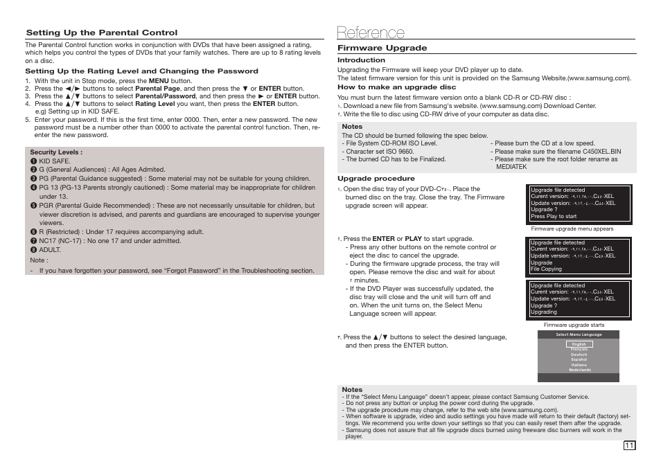 Setting up the parental control, Reference, Firmware upgrade | Samsung DVD-C350-XAA User Manual | Page 11 / 16