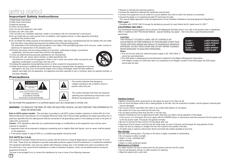 Getting started, Precautions | Samsung DVD-C350-XAA User Manual | Page 2 / 16