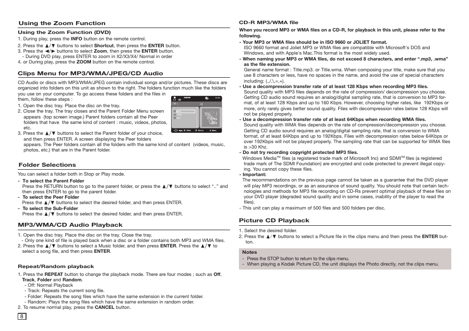 Using the zoom function, Clips menu for mp3/wma/jpeg/cd audio, Folder selections | Mp3/wma/cd audio playback, Picture cd playback | Samsung DVD-C350-XAA User Manual | Page 8 / 16