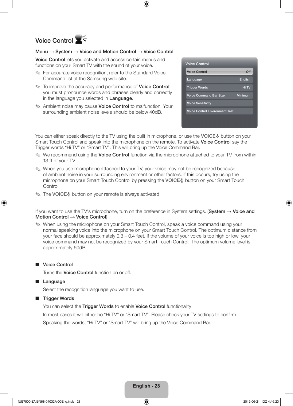 Voice control | Samsung UN46ES7500FXZA User Manual | Page 28 / 64