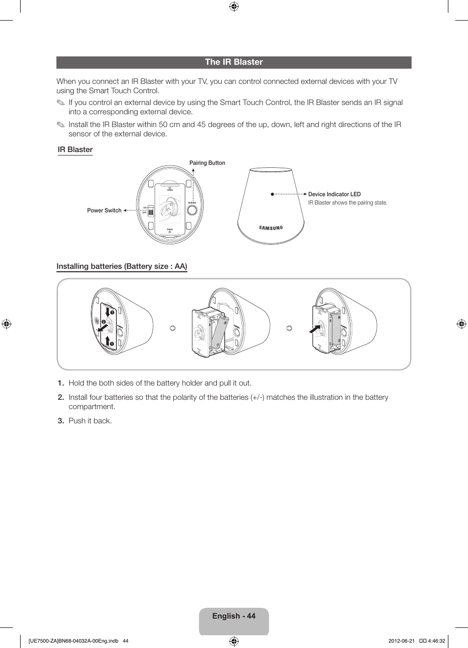 The ir blaster, English - 44, Installing batteries (battery size : aa) | Samsung UN46ES7500FXZA User Manual | Page 44 / 64