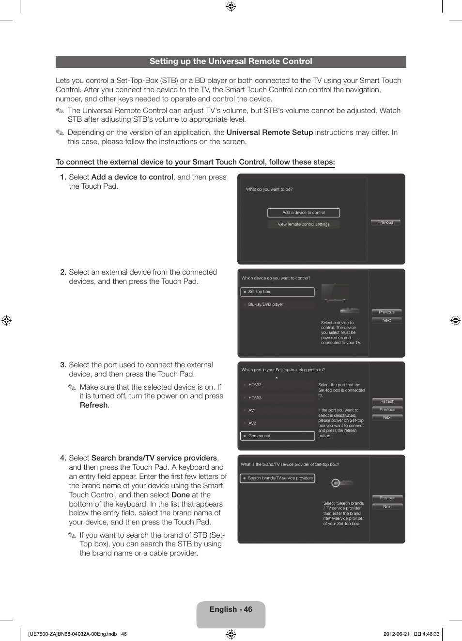 Setting up the universal remote control | Samsung UN46ES7500FXZA User Manual | Page 46 / 64