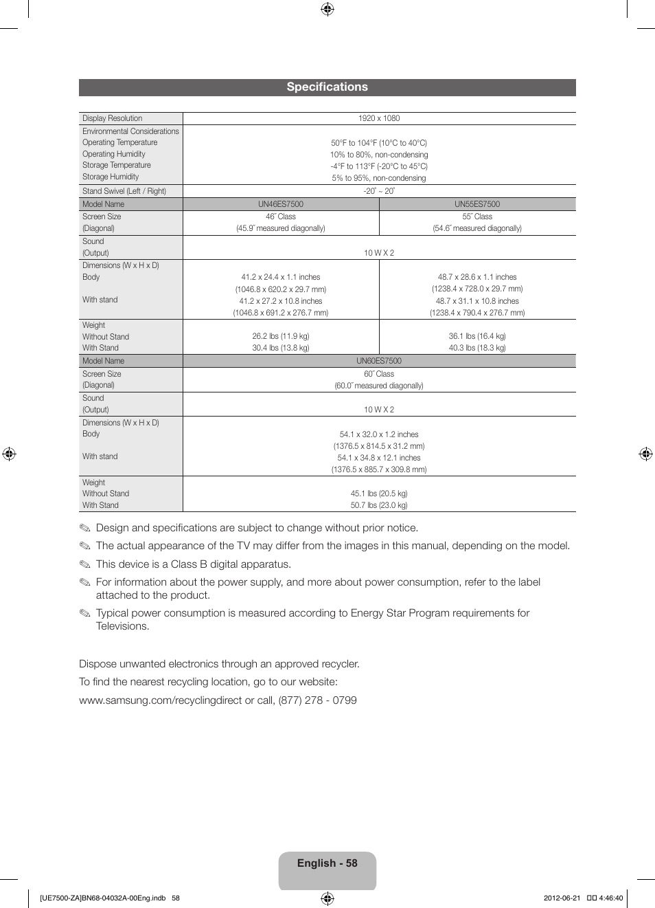 Specifications | Samsung UN46ES7500FXZA User Manual | Page 58 / 64