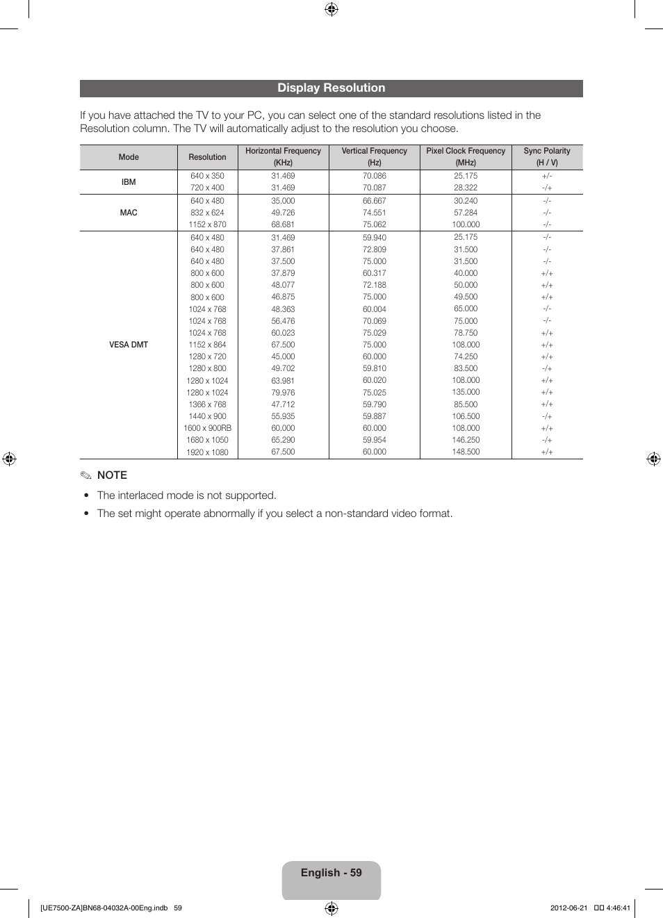 Display resolution | Samsung UN46ES7500FXZA User Manual | Page 59 / 64