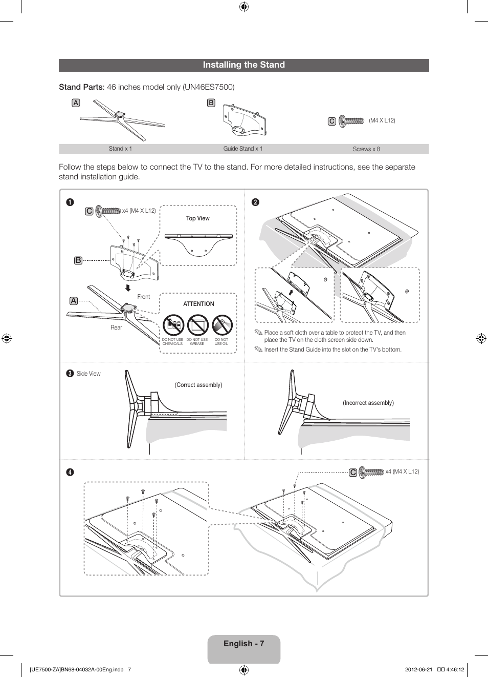 Installing the stand | Samsung UN46ES7500FXZA User Manual | Page 7 / 64