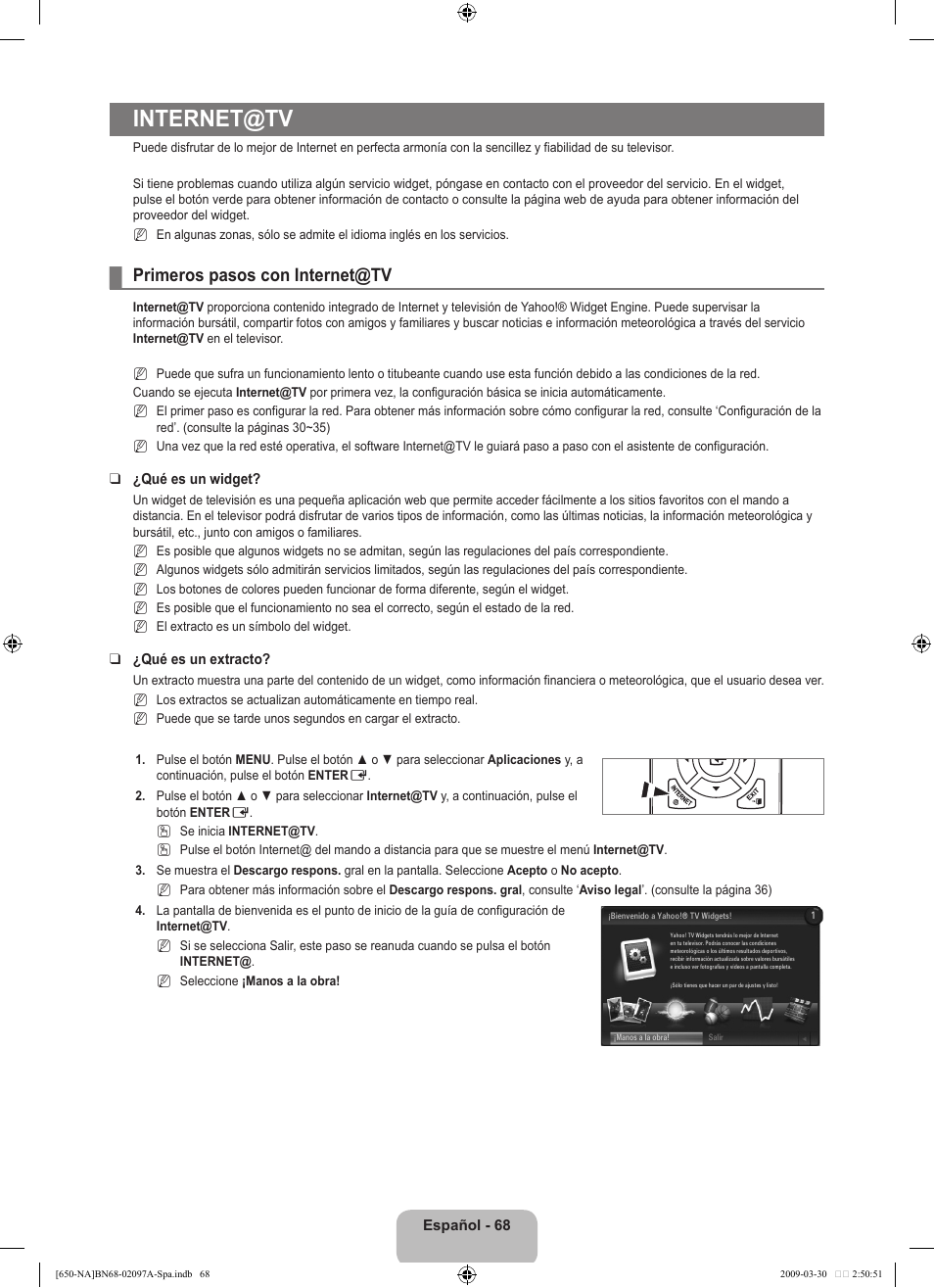 Internet@tv, Primeros pasos con internet@tv | Samsung LN40B650T1FXZA User Manual | Page 174 / 197