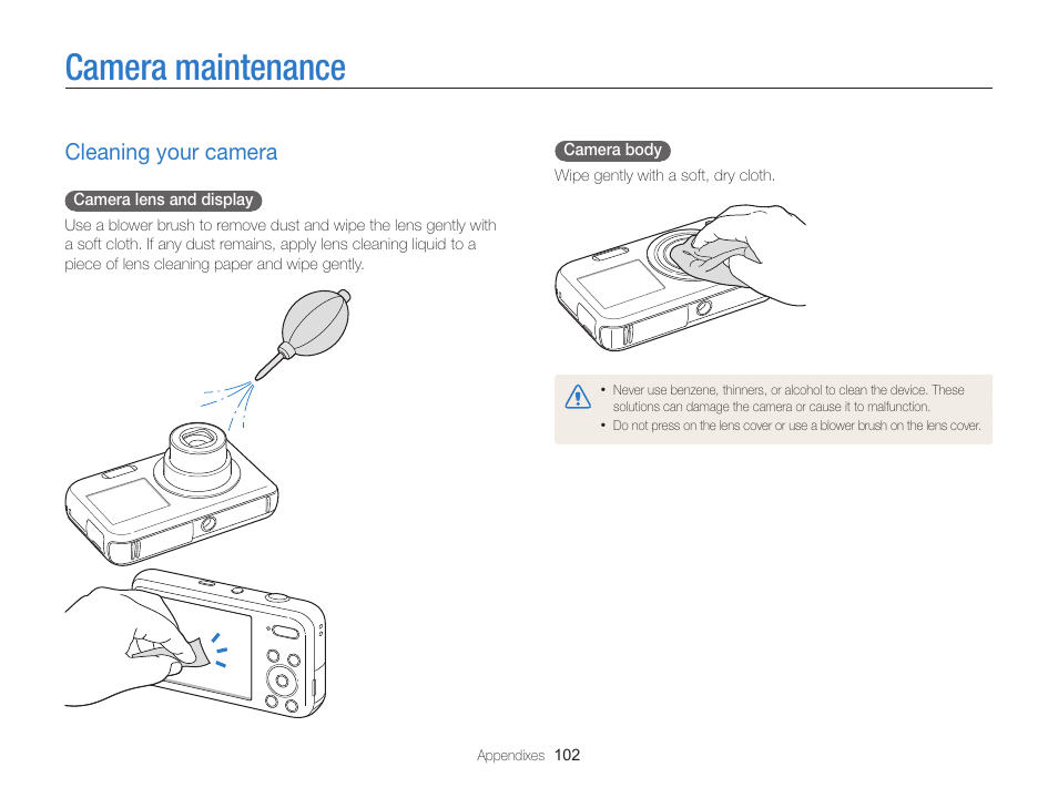 Camera maintenance, Cleaning your camera, Cleaning your camera ……………………………… 102 | Samsung EC-PL120ZBPBUS User Manual | Page 103 / 127