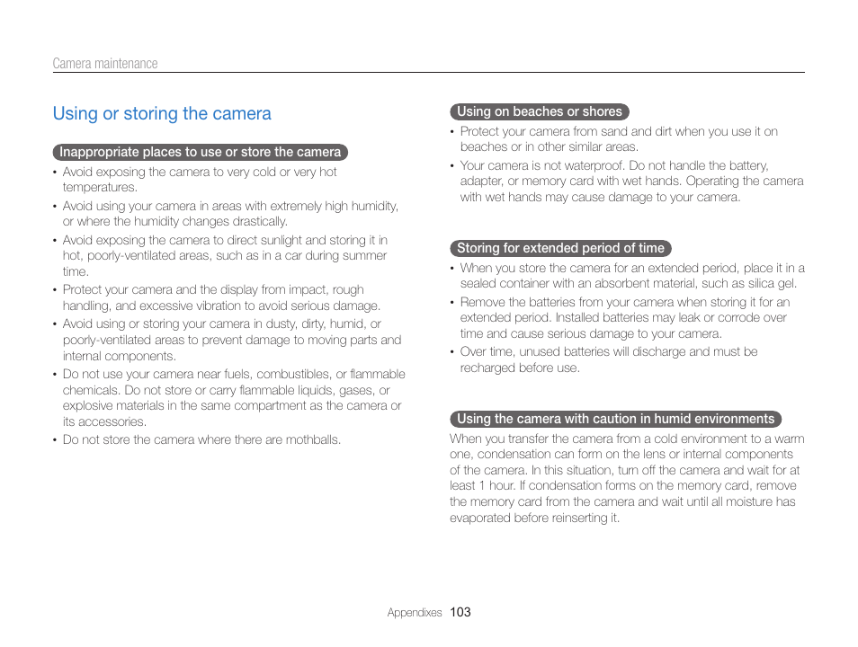 Using or storing the camera, Using or storing the camera ………………………… 103 | Samsung EC-PL120ZBPBUS User Manual | Page 104 / 127