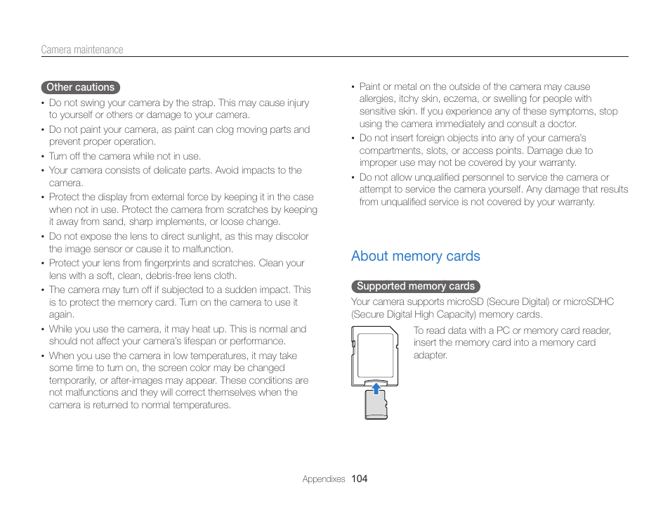 About memory cards, About memory cards ……………………………… 104 | Samsung EC-PL120ZBPBUS User Manual | Page 105 / 127