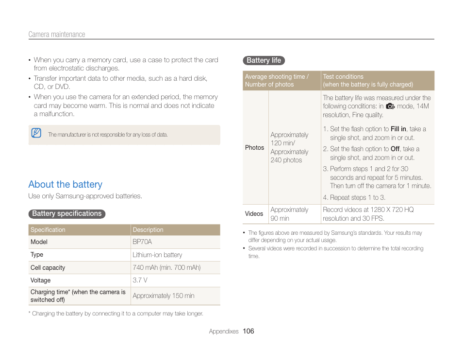 About the battery, About the battery …………………………………… 106 | Samsung EC-PL120ZBPBUS User Manual | Page 107 / 127