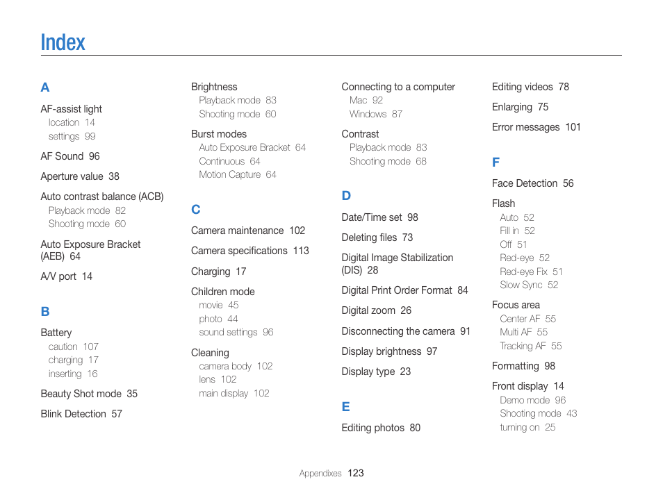 Index | Samsung EC-PL120ZBPBUS User Manual | Page 124 / 127